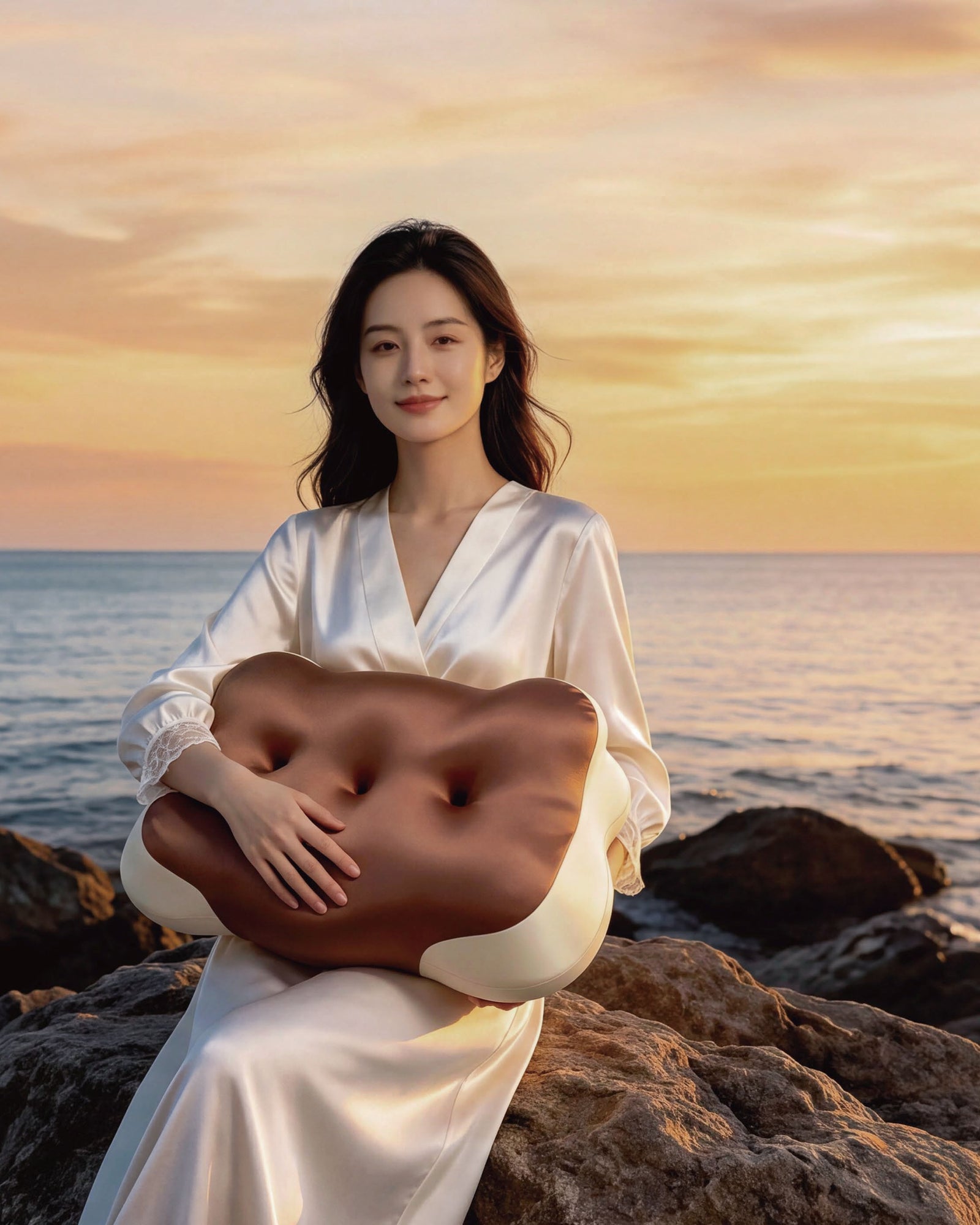 Brown contoured pillow shown beside the sea at sunset