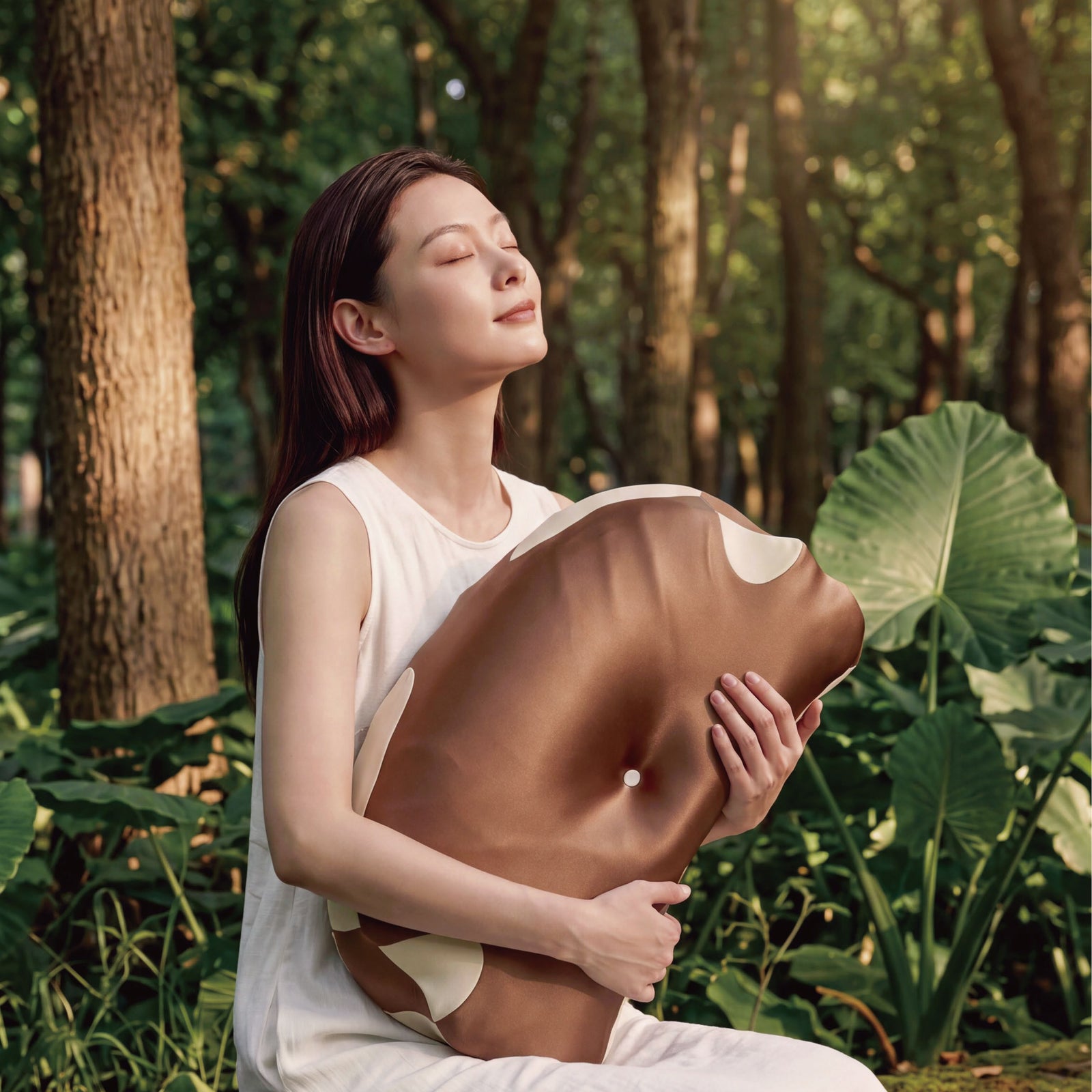 Brown satin-look pillow held in an outdoor product presentation